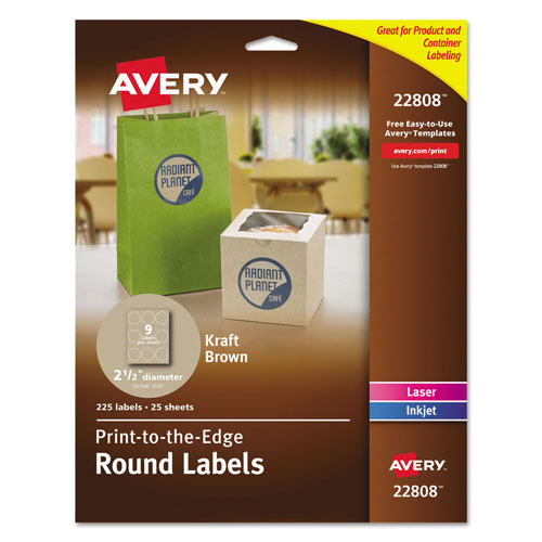 Avery Round Brown Kraft Print-to-the-Edge Labels, 2.5" dia, 225/PK