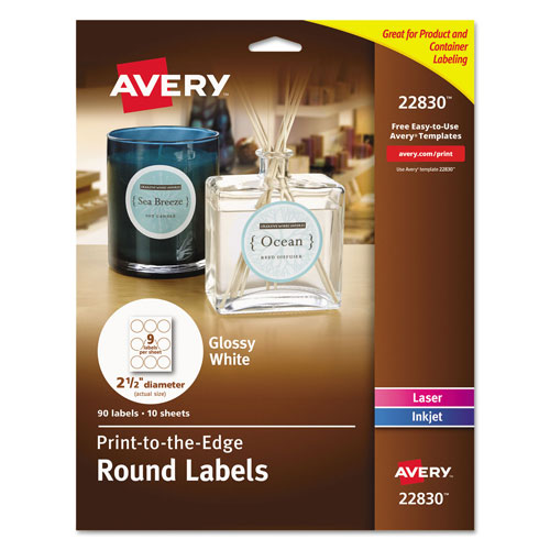 Avery Round Print-to-the Edge Labels with SureFeed, 2.5" dia, Glossy White, 90/PK