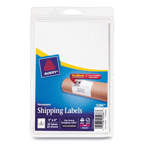 Avery Shipping Labels with TrueBlock Technology, Inkjet/Laser Printers, 4 x 3, White, 2/Sheet, 20 Sheets/Pack
