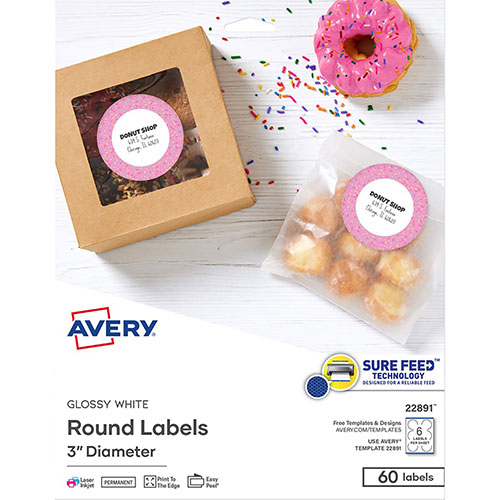 Avery Sure Feed Easy Peel Glossy Labels - 3" Diameter - Permanent Adhesive - Round - Gloss White - 6 / Sheet - 60 / Pack