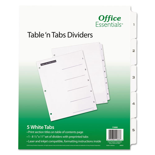 Avery Table 'n Tabs Dividers, 5-Tab, 1 to 5, 11 x 8.5, White, 1 Set