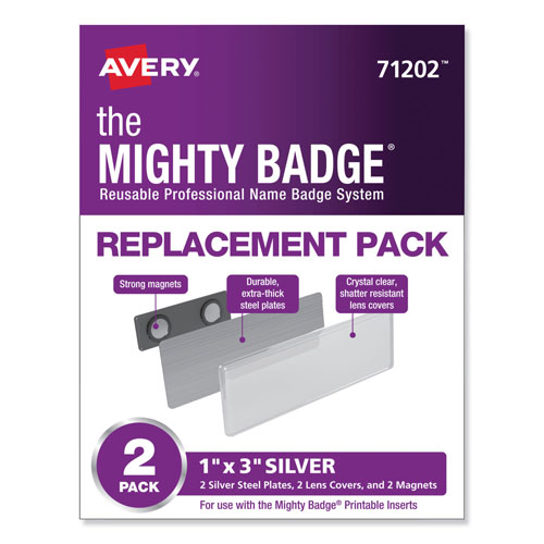 Avery The Mighty Badge Name Badge Holders, Horizontal, 3 x 1, Silver, 2/Pack