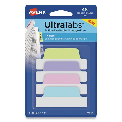 Avery Ultra Tabs Repositionable Margin Tabs, 1/5-Cut Tabs, Assorted Pastels, 2.5" Wide, 48/Pack