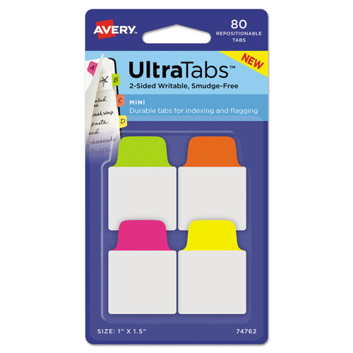 Avery Ultra Tabs Repositionable Mini Tabs, 1/5-Cut Tabs, Assorted Neon, 1" Wide, 80/Pack