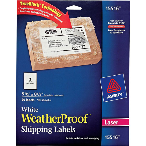 Avery Weatherproof Mailing Labels, 5-1/2" x 8-1/2", 20/PK, White