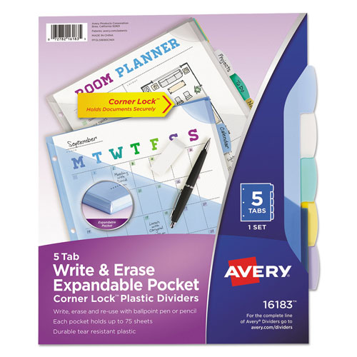 Avery Write and Erase Corner Lock Big Tab Durable Plastic Dividers, 3-Hold Punched, 5-Tab, 11 x 8.5, Assorted, 1 Set