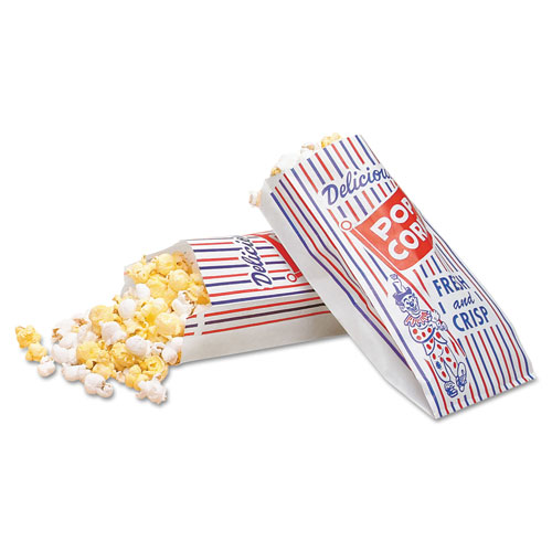 Bagcraft Pinch-Bottom Paper Popcorn Bag, 4w x 1-1/2d x 8h, Blue/Red/White, 1000/Carton