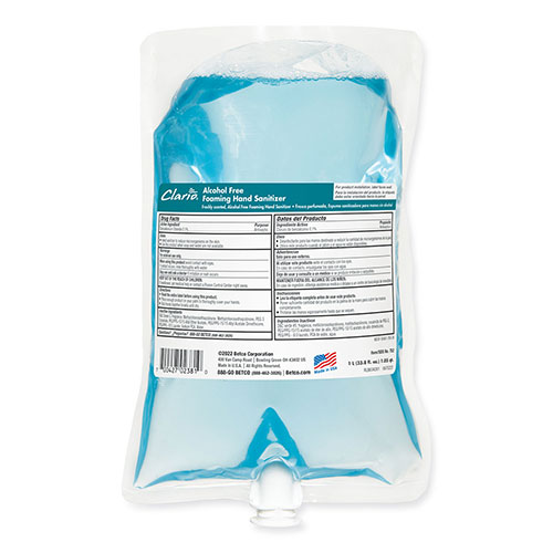 Betco Clario Alcohol Free Foaming Hand Sanitizer, 1,000 mL Bag, Fresh, 6/Carton