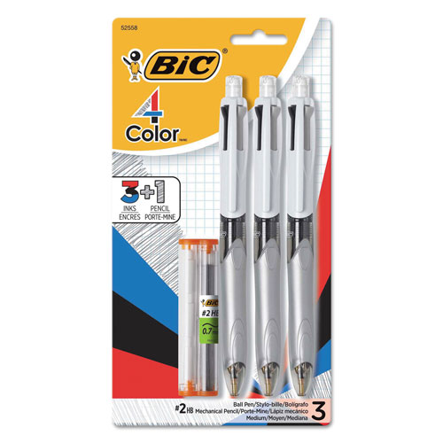 Bic 3 + 1 Retractable Ballpoint Pen/Pencil, Black/Blue/Red Ink, Gray Barrel, 3/Pack
