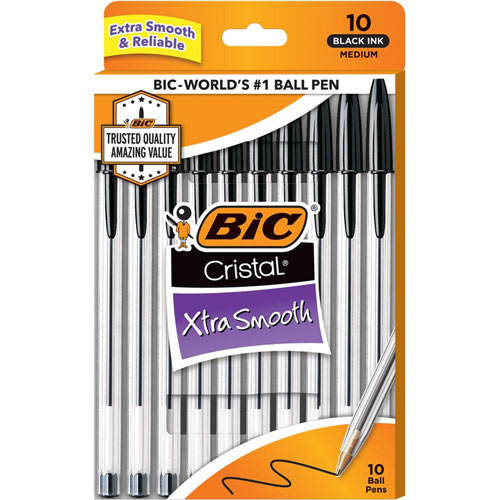 Bic Cristal Ballpoint Stick Pens - Medium Pen Point - Black - Clear Barrel - 10 / Pack