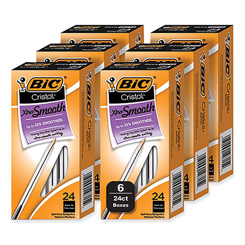 Bic Cristal Xtra Smooth Ballpoint Pen, Stick, Medium 1 mm, Black Ink, Clear Barrel, 24/Box, 6 Boxes/Pack