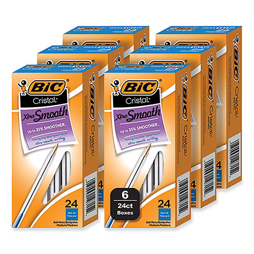 Bic Cristal Xtra Smooth Ballpoint Pen, Stick, Medium 1 mm, Blue Ink, Clear Barrel, 24/Box, 6 Boxes/Pack
