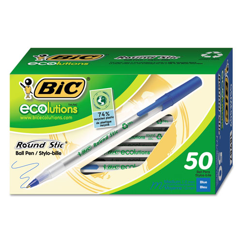 Bic Ecolutions Round Stic Stick Ballpoint Pen, 1mm, Blue Ink, Clear Barrel, 50/Pack