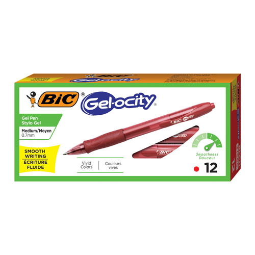 Bic Gel-ocity Retractable Gel Pen, 0.7mm, Red Ink, Translucent Red Barrel,  Dozen, BICRLC11RD