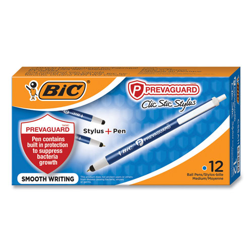 Bic PrevaGuard Ballpoint/Stylus Pen, Retractable, Medium 1 mm, Blue Ink/Blue Barrel, Dozen