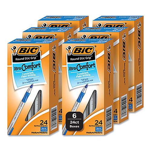 Bic Round Stic Grip Xtra Comfort Ballpoint Pen, Medium 1 mm, Blue Ink, Gray/Blue Barrel, 24/Box, 6 Boxes/Pack