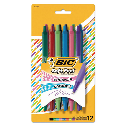 Bic Soft Feel Retractable Ballpoint Pen, Medium 1mm, Assorted Ink/Barrel,  Dozen, BICSCSMAP121AST