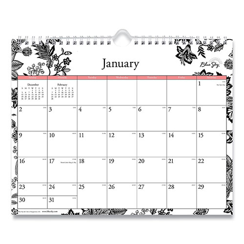 Blue Sky Analeis Wall Calendar, Analeis Floral Artwork, 11 x 8.75, White/Black/Coral Sheets, 12-Month (Jan to Dec): 2024