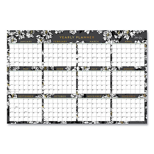 Blue Sky Baccara Dark Laminated Erasable Wall Calendar, Floral Artwork, 36 x 24, White/Black/Gold Sheets, 12-Month (Jan-Dec): 2023