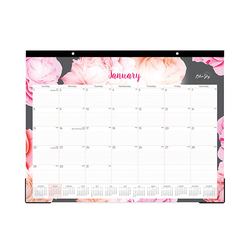 Blue Sky Joselyn Desk Pad, Rose Artwork, 22 x 17, White/Pink/Peach Sheets, Black Binding, Clear Corners, 12-Month (Jan-Dec): 2024
