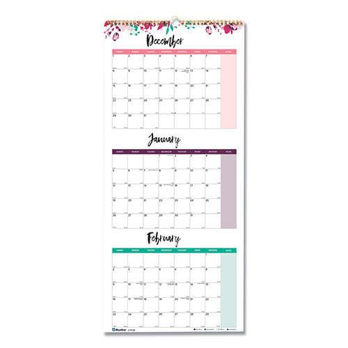 Blueline 3-Month Wall Calendar, Colorful Leaves Artwork, 12.25 x 27, White/Multicolor Sheets, 14-Month (Dec to Jan): 2024