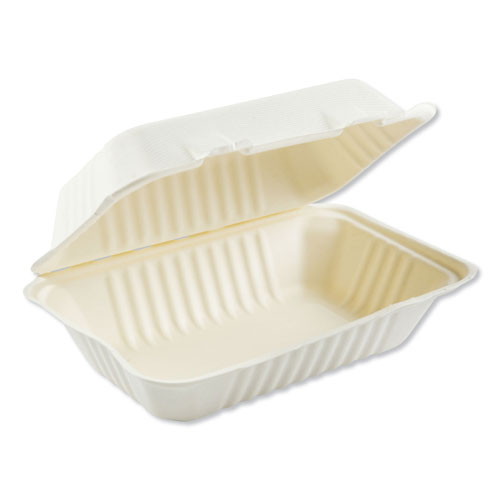 Boardwalk Bagasse Molded Fiber Food Containers, Hinged-Lid, 1-Compartment 9 x 6, White, 125/Sleeve, 2 Sleeves/Carton