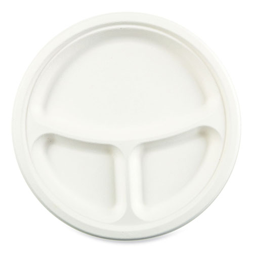 Boardwalk Bagasse PFAS-Free Dinnerware, Plate, 10" dia, 3-Compartment, White, 500/Carton