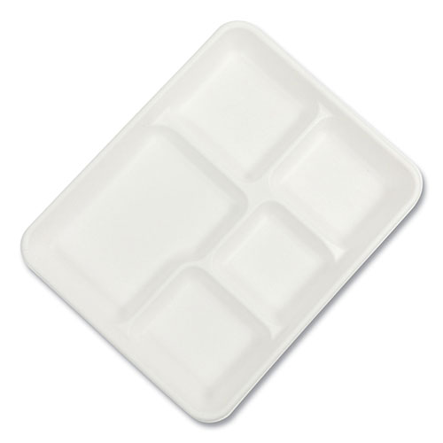 Boardwalk Bagasse PFAS-Free Food Tray, 5-Compartment, 8.26 x 0.98 x 10.9, White, Bamboo/Sugarcane, 500/Carton
