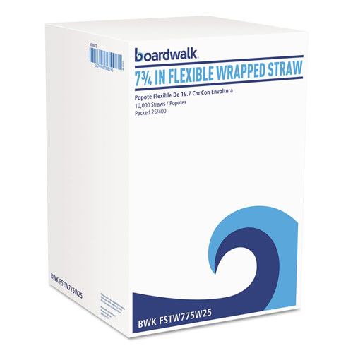 Boardwalk Flexible Wrapped Straws, 7 3/4", White, 500/Pack, 20 Packs/Carton