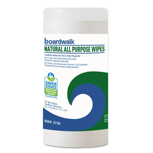Boardwalk Natural All Purpose Wipes, 7 x 8, Unscented, 75 Wipes/Canister, 6/Carton