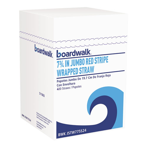 Boardwalk Wrapped Jumbo Straws, 7.75", Plastic, White/Red Stripe, 400/Pack, 25 Packs/Carton