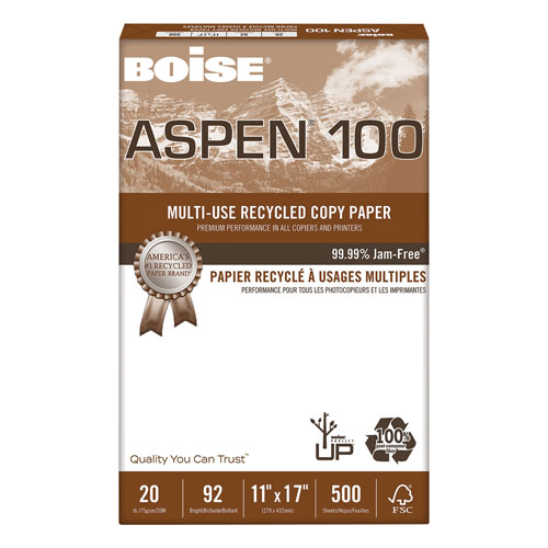 Boise ASPEN 100 Multi-Use Recycled Paper, 92 Bright, 20 lb Bond Weight, 11 x 17, White, 500/Ream