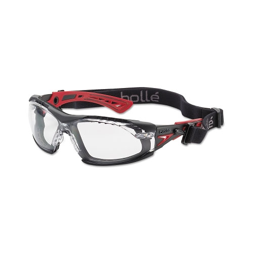 Bolle Rush+ Series Safety Glasses, Clear Lens, Anti-Fog,Anti-Scratch, Polycarbonate, Black/Red Frame