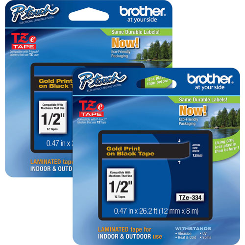 Brother P-touch TZe Laminated Tape Cartridges, 1/2", 2/BD, Gold/Black