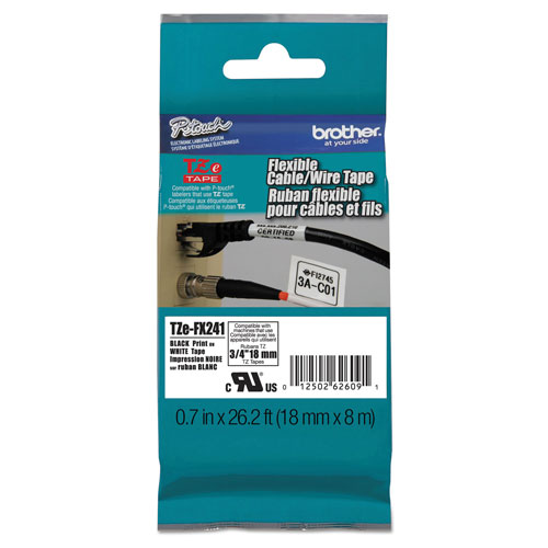 Brother TZe Flexible Tape Cartridge for P-Touch Labelers, 0.7" x 26.2 ft, Black on White