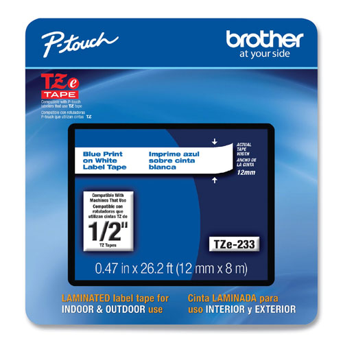Brother TZe Laminated Removable Label Tapes, 0.47" x 26.2 ft, Blue on White
