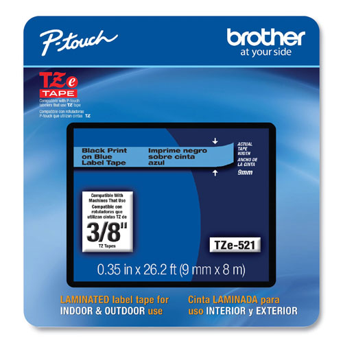 Brother TZe Laminated Removable Label Tapes, 0.35" x 26.2 ft, Black on Blue
