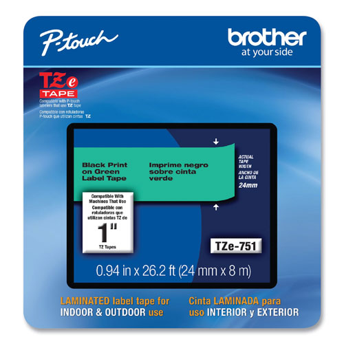Brother TZe Laminated Removable Label Tapes, 0.94 x 26.2 ft, Black on  Green, BRTTZE751CS
