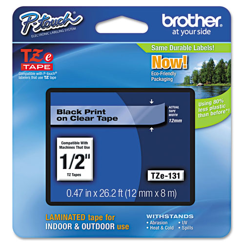 Brother TZe Standard Adhesive Laminated Labeling Tape, 0.47" x 26.2 ft, Black on Clear
