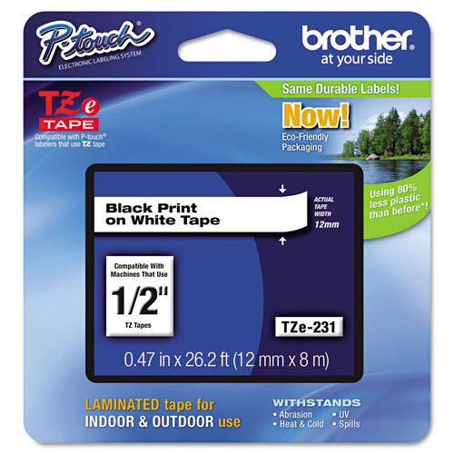 Brother TZe Standard Adhesive Laminated Labeling Tape, 0.47" x 26.2 ft, Black on White