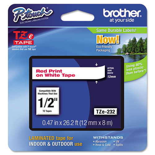 Brother TZe Standard Adhesive Laminated Labeling Tape, 0.47" x 26.2 ft, Red on White