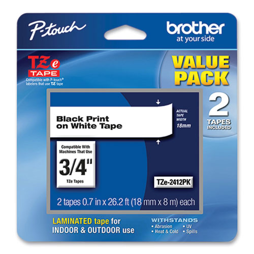 Brother TZe Standard Adhesive Laminated Labeling Tape, 0.7" x 26.2 ft, Black on White, 2/Pack