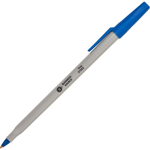Business Source Ballpoint Stick Pens, Fine Pt, Light Gray Barrel, Blue Ink