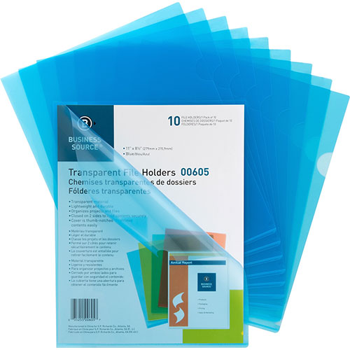 Business Source File Holders, Poly, Transparent, 11"x8-1/2", 10/PK, Blue