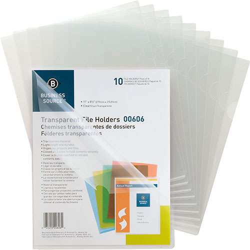 Business Source File Holders, Poly, Water-resistant, 11"x8-1/2", 10/PK, Clear