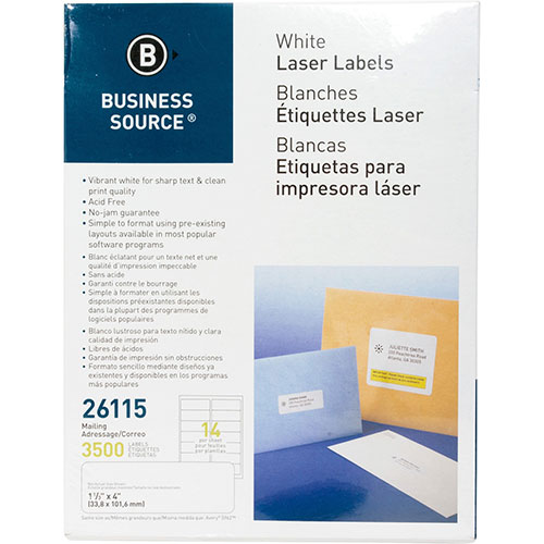 Business Source Label, Mailing, Laser, 1-1/3" x 4", 3500 Pack, White