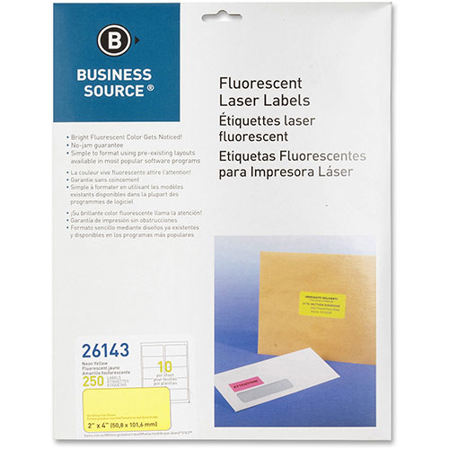 Business Source Laser Labels, Fluorescent, 2' x 4", 250 Pack, Neon Yellow