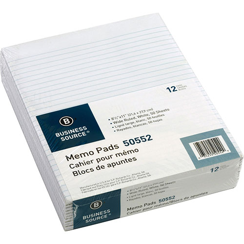 Business Source Memorandum Pads, 8-1/2" x 11", Wide Ruled, 50 Sheets/PD, White