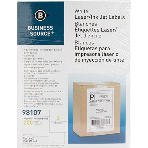 Business Source Premium Mailing Labels, 5-1/2" x 8-1/2", 500/BX, White