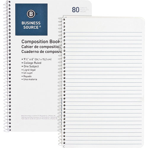 Business Source Spiral Wirebound Notebook, College Rule, 6" x 9-1/2", 80 Sheets, WE
